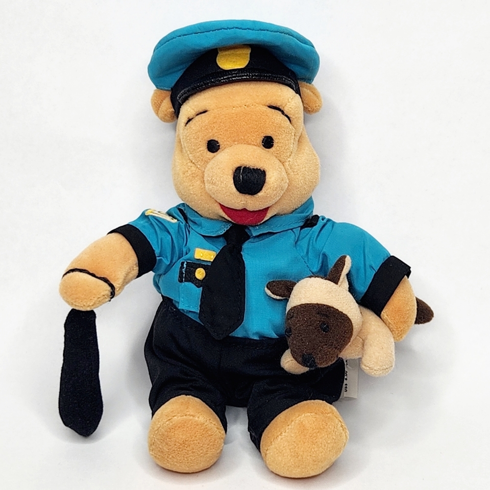 Policeman Winnie The Pooh Plush Beanie with K-9 Unit Disney Store Exclusive